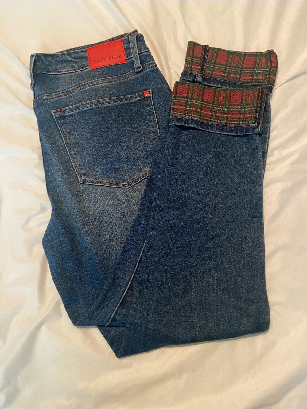 Judy Blue Blue Boyfriend Jeans with Red-Green Plaid Cuff